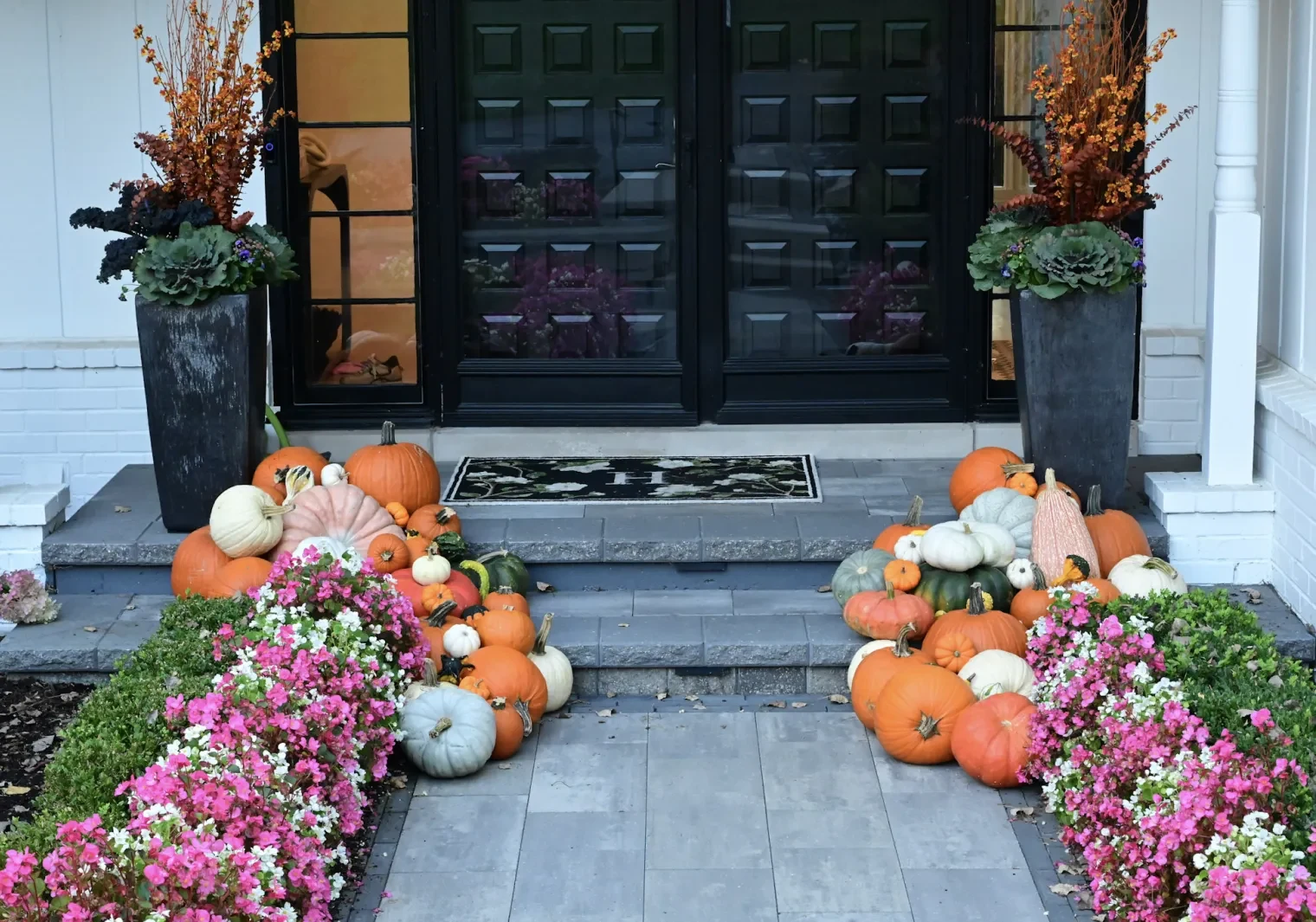 Luxury pumpkin display with pink flowers in Bloomfield Hills MI