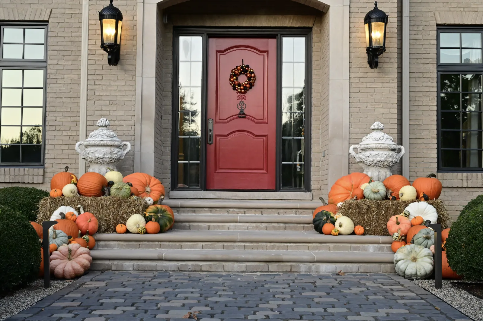 Professional fall display with hay bales and pumpkins in Franklin Michigan